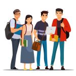 College or university students group. Young happy people standing isolated on white background. Higher academic education vector illustration. Diverse multicultural meeting.